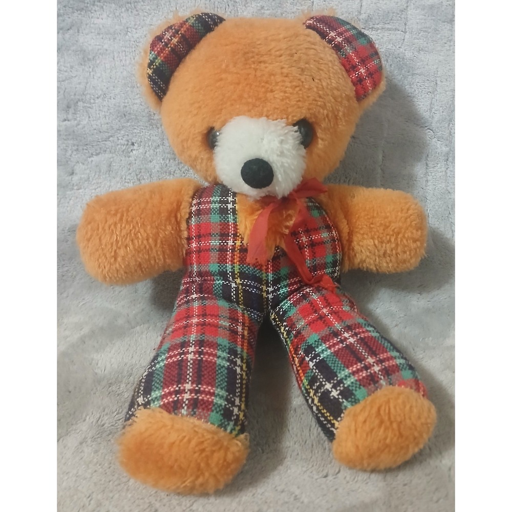 Vintage 70s Kiheung Mootsan Korea Orange Teddy Bear Plaid Overalls Plush 11 Inch